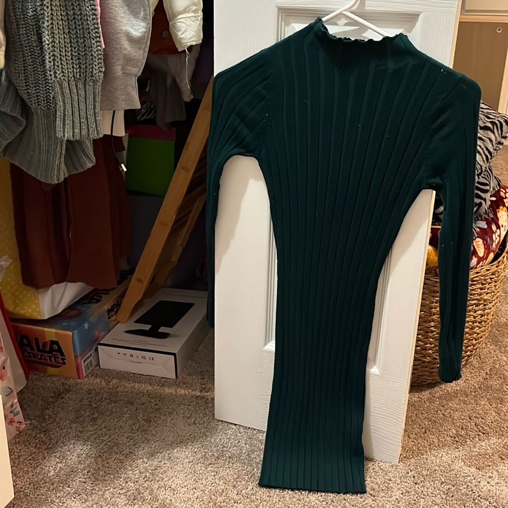 Ribbed tight long sleeve dark green mini dress